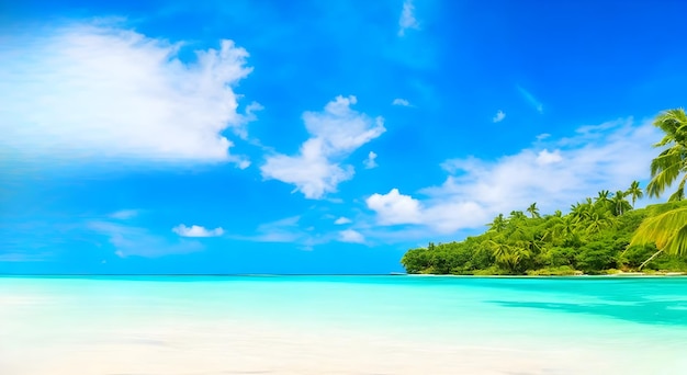 Beautiful beach with few palm trees and blue sky