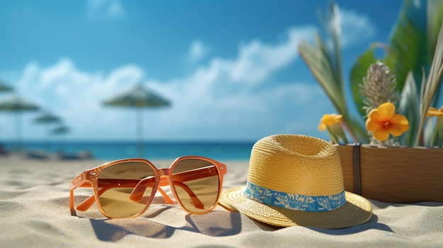 Beautiful beach with glasses and hat on the beach