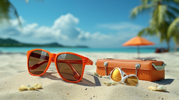 Beautiful beach with glasses and hat on the beach