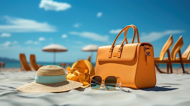 Beautiful beach with glasses and hat on the beach