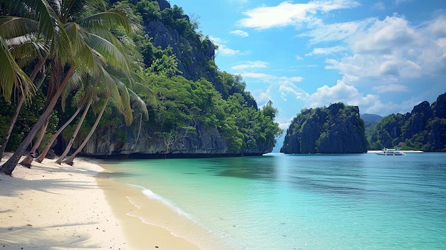 beautiful beach with palm tree and mountain