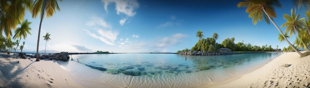 Beautiful beach with palms and turquoise sea Art Summer vacation ocean with island on background Generative AI