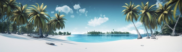 Beautiful beach with palms and turquoise sea Art Summer vacation ocean with island on background Generative AI