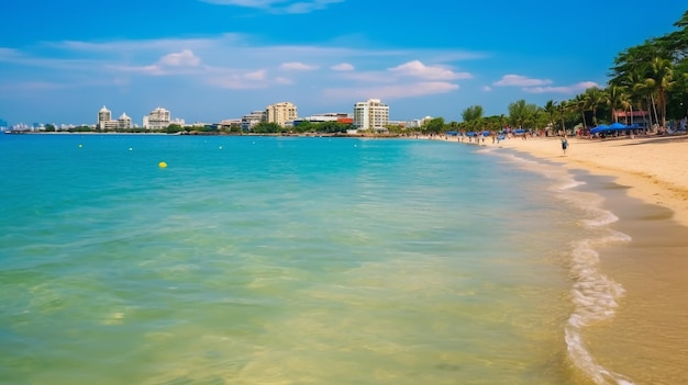 Beautiful beach with skyscrapers view