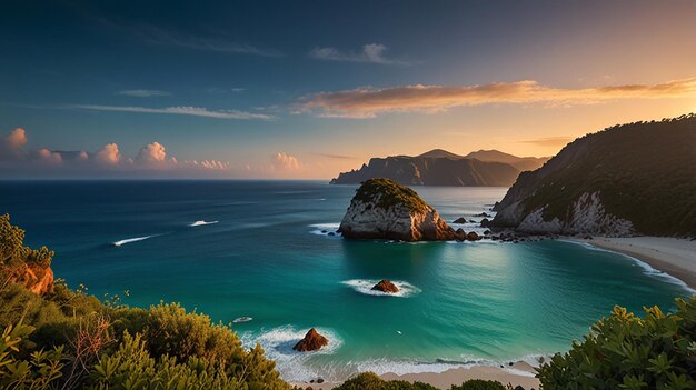 Photo a beautiful beach with a view of the ocean and mountains in the background