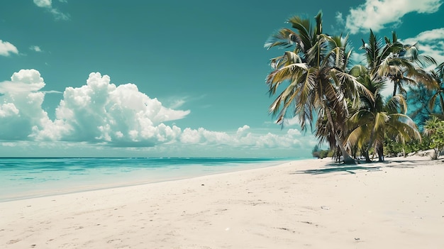 Beautiful beach with white sand turquoise ocean green palm trees and blue sky with c Generative AI