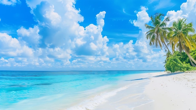 Beautiful beach with white sand turquoise ocean green palm trees and blue sky with c Generative AI