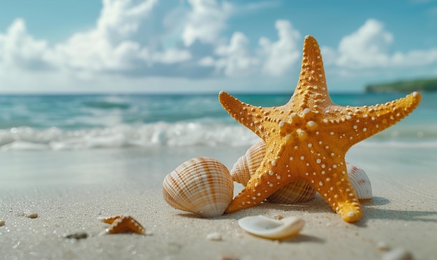 Beautiful beach with yellow starfish along the sandy coastline by the ocean ai generated