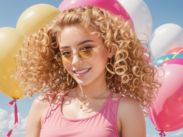 Beautiful Beautiful girl curly hair glasses smiling girl curly hair glasses smiling balloons