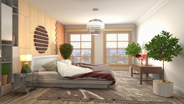 Beautiful bedroom interior in 3d rendering illustration