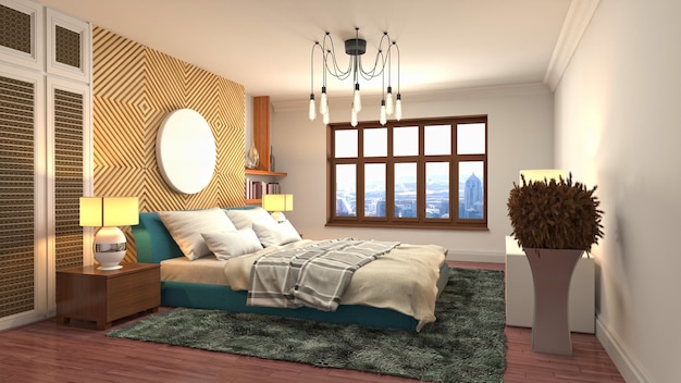 Beautiful bedroom interior in 3d rendering illustration