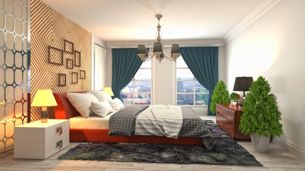 Beautiful bedroom interior in 3d rendering illustration