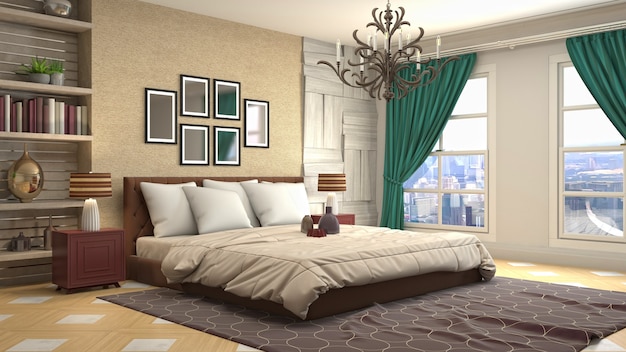 Beautiful bedroom interior in 3d rendering illustration