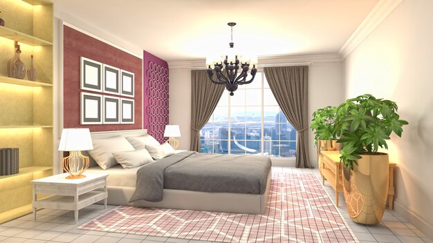 Beautiful bedroom interior in 3d rendering illustration