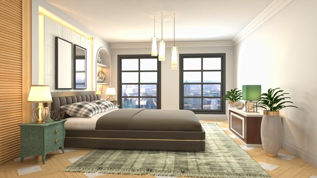 Beautiful bedroom interior in 3d rendering illustration