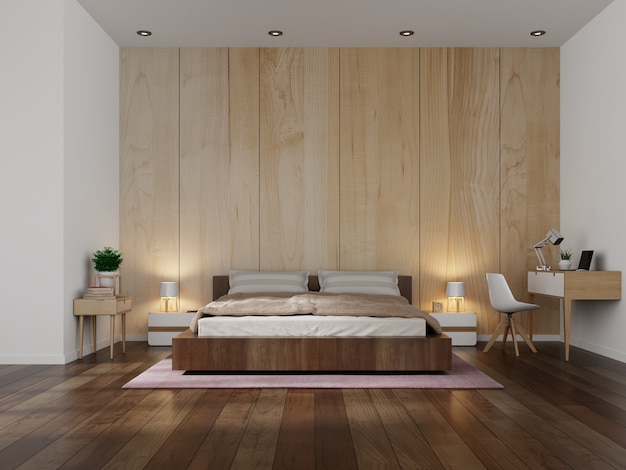 Beautiful Bedroom Interior modern with wooden wall background