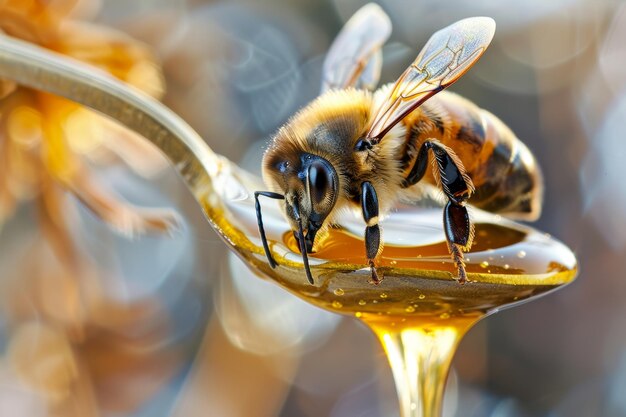 Beautiful bee close up on honey spoon with dripping amber honey high quality photo