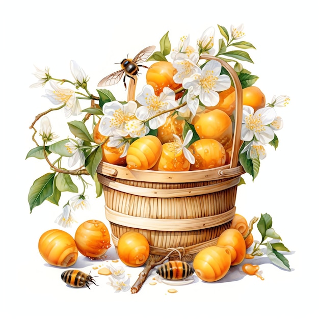 beautiful Bee and orchard basket watercolor clipart illustration