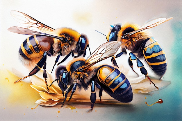 Beautiful bees watercolor illustration made with generative ai