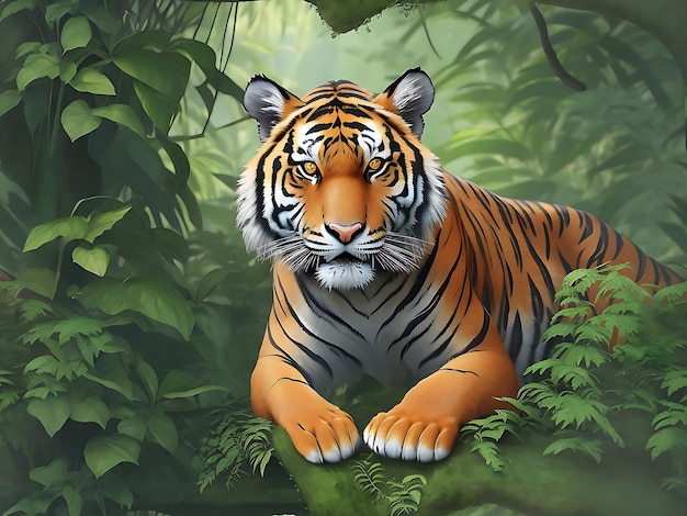 Beautiful bengal tiger with lush green habitat background