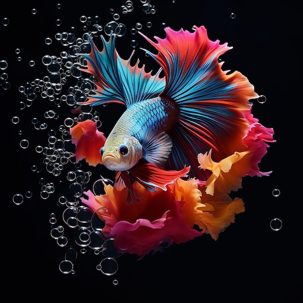 Beautiful betta fish isolated black background and bubbles