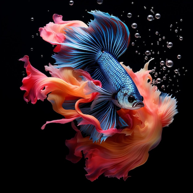 Beautiful betta fish isolated black background and bubbles