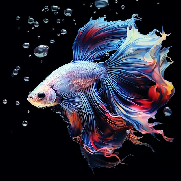 Beautiful betta fish isolated black background and bubbles