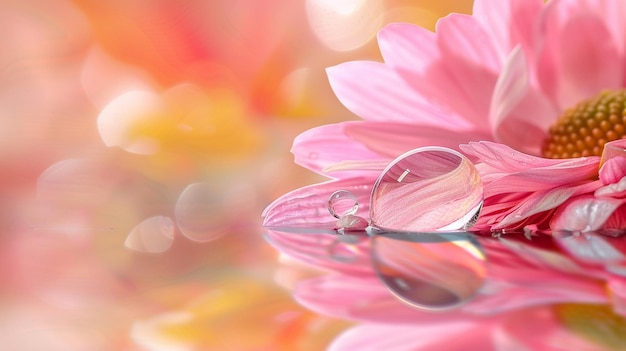 Beautiful big drop of water on a petal of a pink flowers