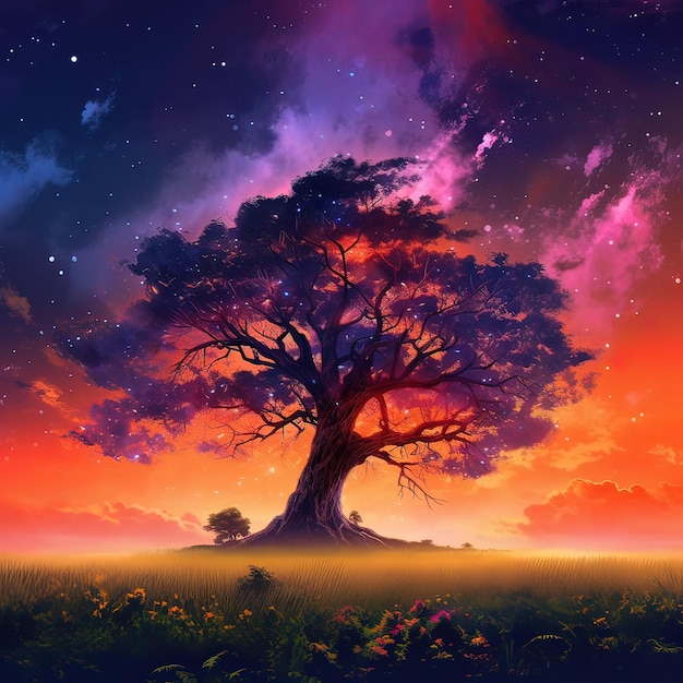 Beautiful big tree in open field generative ai