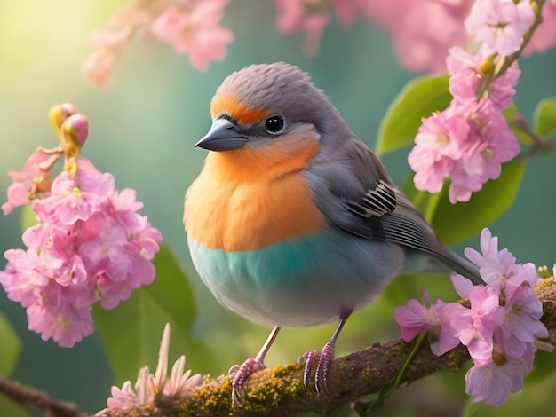 Beautiful bird on a branch of a blossoming sakura Generative Ai Stock Photo