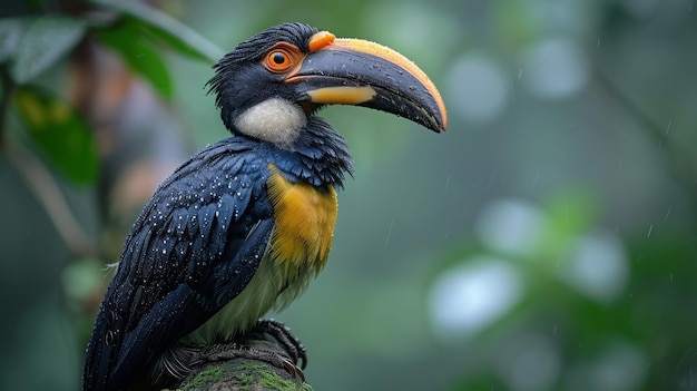 beautiful bird called Malabar pied hornbill perched on large tree with clear view blurred background