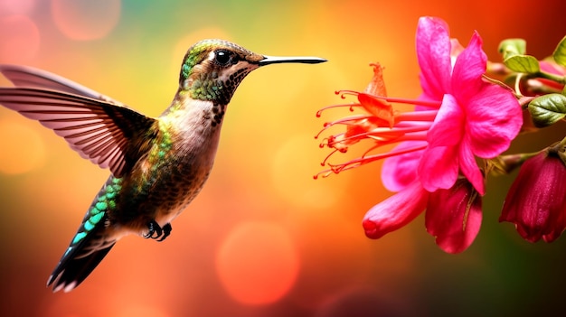 A beautiful bird is flying toward the flower ai AIgenerated