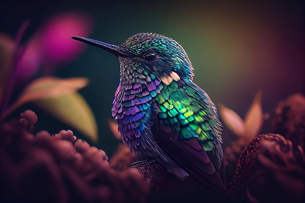 Beautiful bird sitting on a branch with flowers in the gardengenerative ai