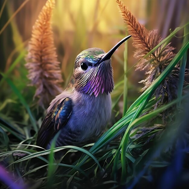 Beautiful bird sitting on the grass in the meadow at sunset