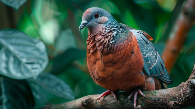 A beautiful bird with blue and reddish brown feathers is sitting on a branch in a lush green forest