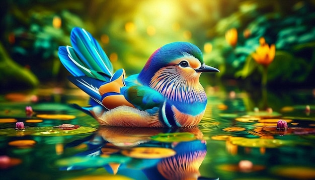 Beautiful bird with vibrant feathers in a tranquil pond