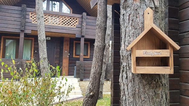 Beautiful birdhouse made of wood in the forest near a brown country wooden house. Homemade bird feeder. Art birdhouse on a tree in the garden.