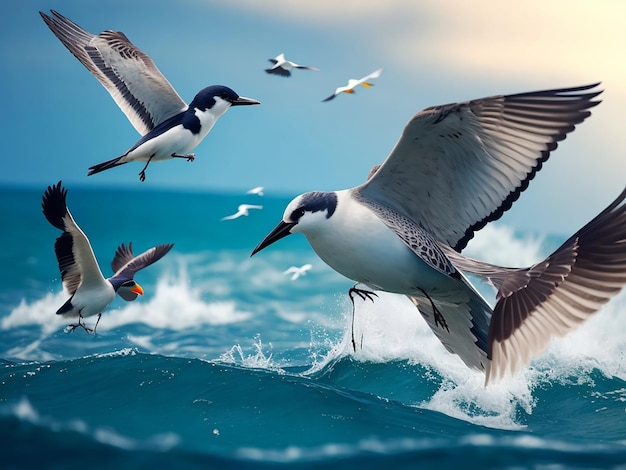 Beautiful birds flying on the sea background