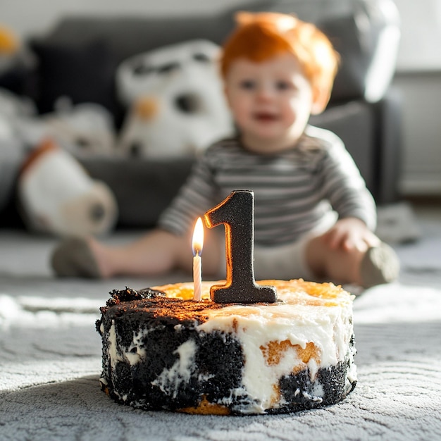 Photo beautiful birthday cake with burning candles on stand against festive lights