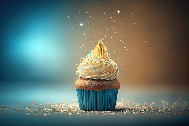 Beautiful birthday cupcake on a colored background illustrations Generative AI