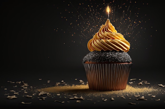 Beautiful birthday cupcake on a colored background illustrations Generative AI