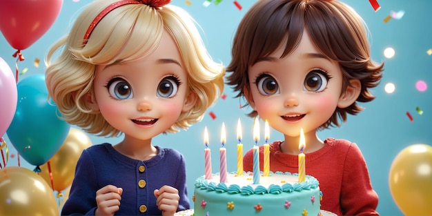 Beautiful Birthday illustration with two smiling kids and a birthday cake with candles Generative AI