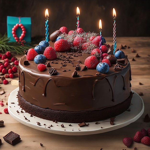 A beautiful birthday layer cake decorated with chocolate and candles