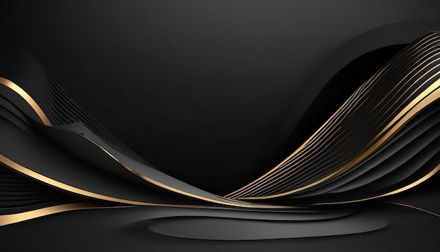 Beautiful black abstract luxury background with 3D texture of wavy lines with golden elements and sm