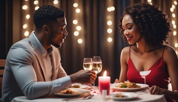 Beautiful Black Couple Having Dinner Valentines Day