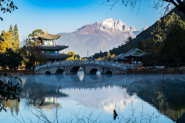 Beautiful of Black Dragon Pool with Jade Dragon Snow Mountain , landmark and popular spot for tourists attractions near Lijiang Old Town. Lijiang, Yunnan, China