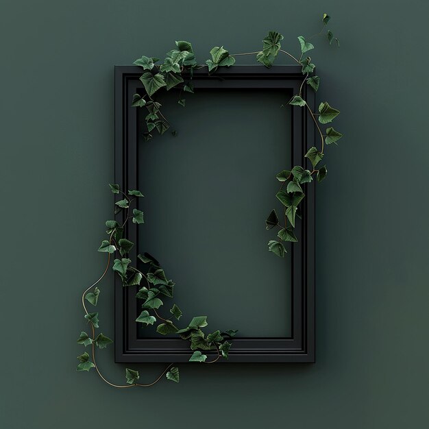 Photo beautiful black frame of a window that floats in the air full design with a vine type plant that g