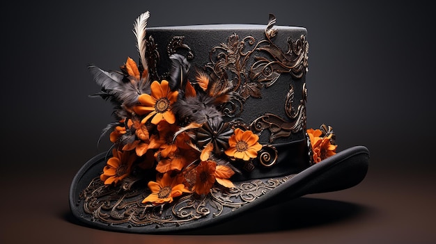 A beautiful black hat with traditional decorations and orange color flowers