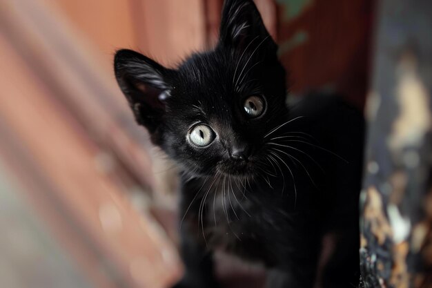 Photo beautiful black kitten with big eyes looking up with curiosity