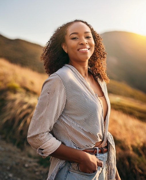 A beautiful black Lady happy with the beauty of the nature